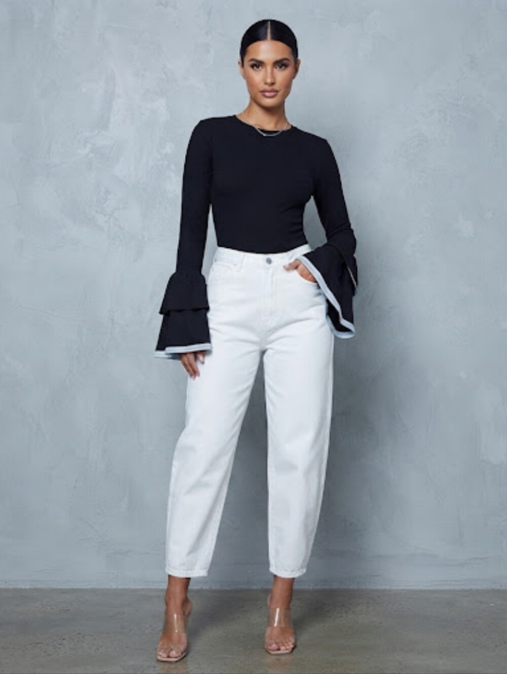 ZARA Black Ribbed Knit Long Bell Sleeve Top with White Hem Trim Size S
